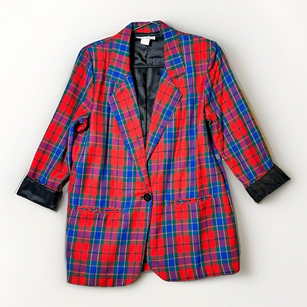 Vintage Kenneth Mitchell Petites Red Plaid Blazer Jacket Women’s Size 6 Petite L